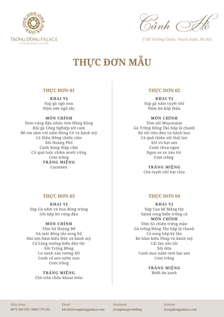 tiệc cho công ty, tổ chức sự kiện, trung tâm tổ chức sự kiện, trống đồng palace, trống đồng palace cảnh hồ, thực đơn, thực đơn tiệc sự kiện