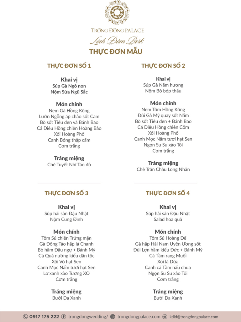 Thực đơn mẫu tại địa điểm tổ chức tiệc cưới ngoài trời Trống Đồng Palace Linh Đàm Park - Hà Nội